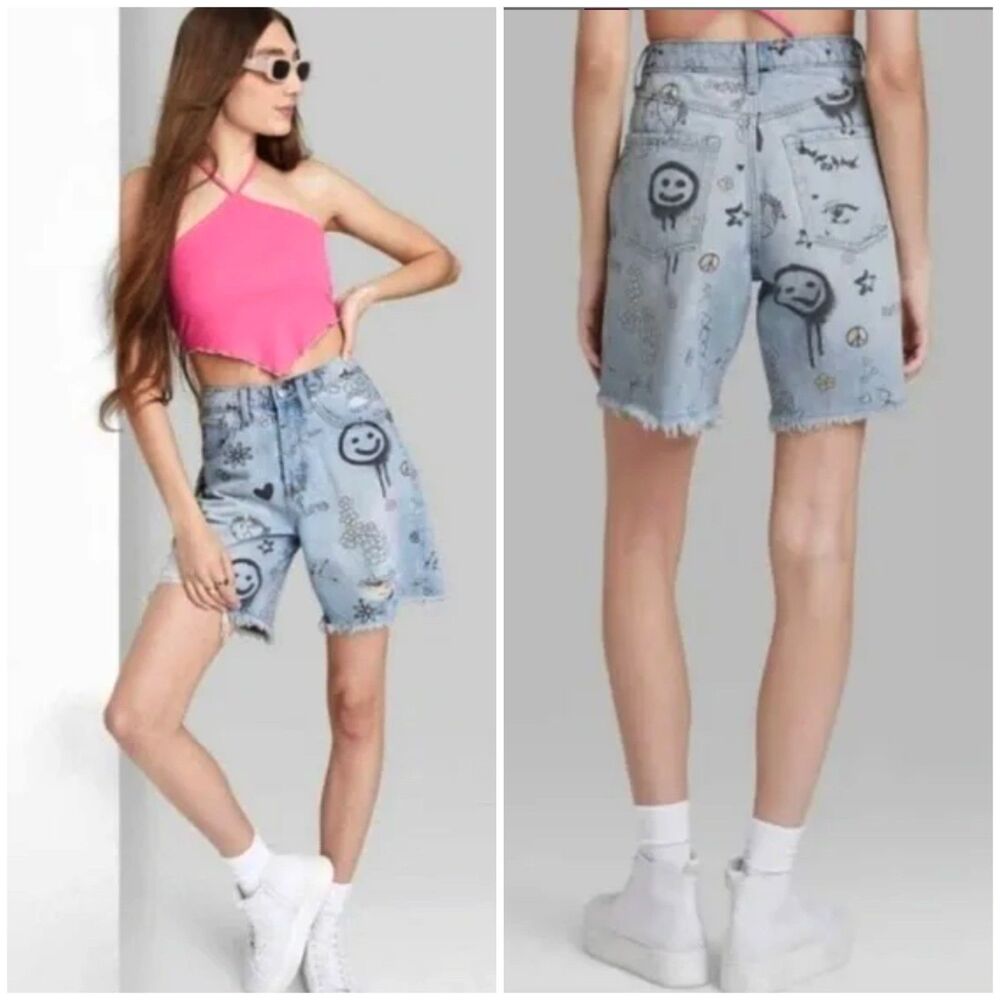 Wild Fable Denim Shorts Women 0 Doodle Print Bermuda Distressed High Rise Grunge - Picture 3 of 14